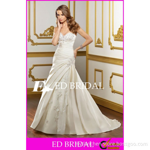 A-Line/Princess Sweetheart Court Train Satin Plain Ivory Wedding Dresses With Beaded Embroidery